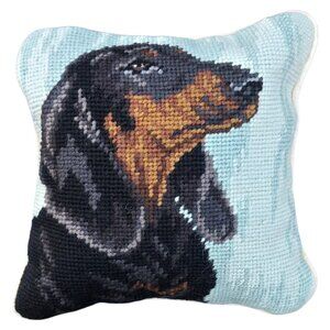Small Black Tan Dachshund Needlepoint Pillow Handmade Dog Accent Decor Throw
